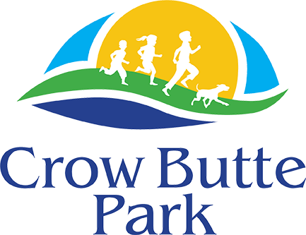 Logo for a park with sun and kids running by the water